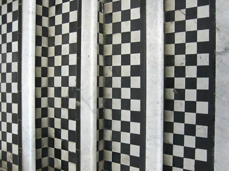 Black and white checkerboard tiles on stair risers