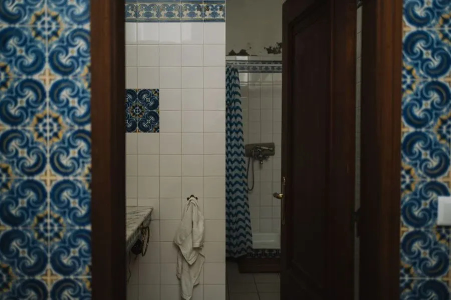 Bathroom with blue patterned wall tiles around a mirror
